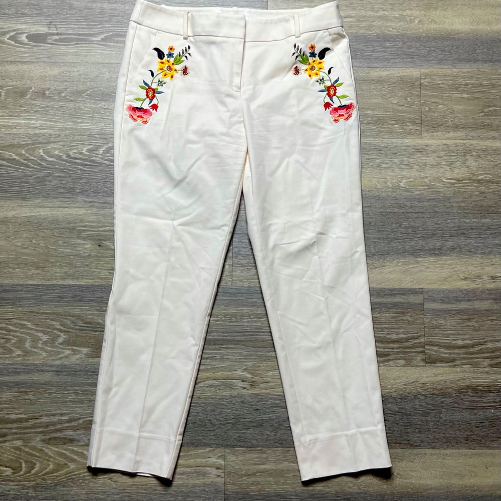 LOFT Cream Ankle Pants with Floral Embroidery